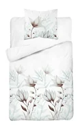 Pościel - Pościel biała w kwiaty i liście miętowo-brązowe – 140x200 cm – kolekcja Naturalis - miniaturka - grafika 1