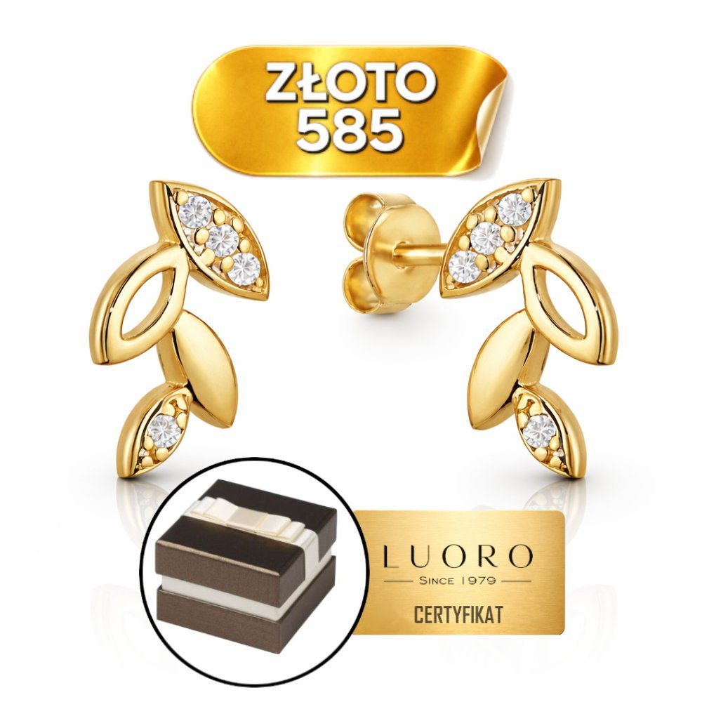 KOLCZYKI ZŁOTE 585 14K LISTKI Z CYRKONIAMI SZTYFT ŻÓŁTE ZŁOTO 10 MM