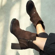 Botki damskie - Brązowe skórzane zamszowe botki damskie na słupku Vinceza 91152 - miniaturka - grafika 1