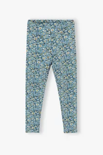 Spodnie i spodenki dla dziewczynek - Niebieskie dzianinowe leginsy dziewczęce w kwiaty - grafika 1