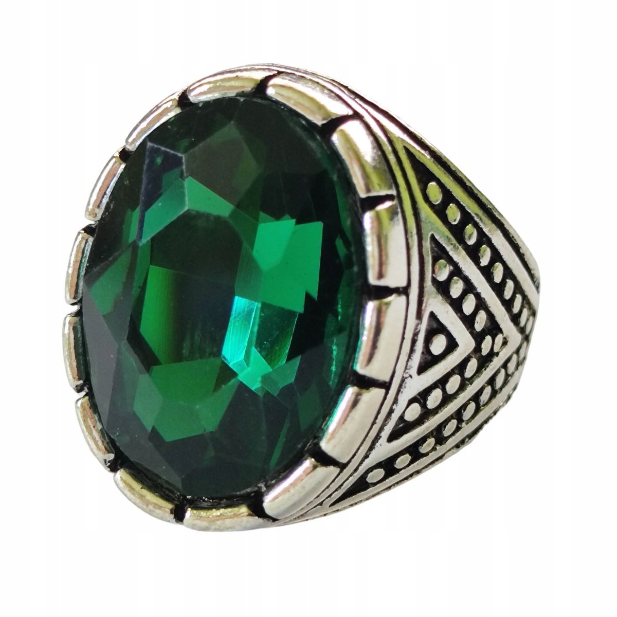 Srebrny Sygnet z Dużym Szmaragdem Zielony Kamień Stal Szlachetna Vintage