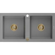Zlewozmywaki - Mexen Mario zlewozmywak granitowy 2-komorowy 820 x 436 mm, szary, syfon złoty - miniaturka - grafika 1