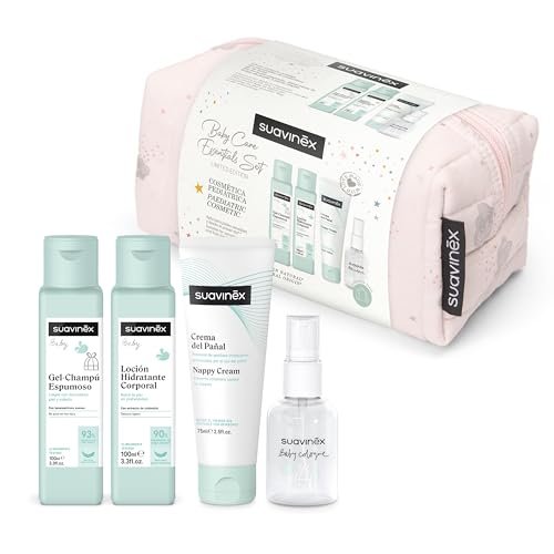 Suavinex, Kosmetyczka dla niemowląt, zestaw upominkowy dla noworodka z kosmetykami: żel szampon 100 ml + balsam nawilżający 100 ml + krem do pieluchy 75 ml + Baby Cologne 50 ml, format podróżny -
