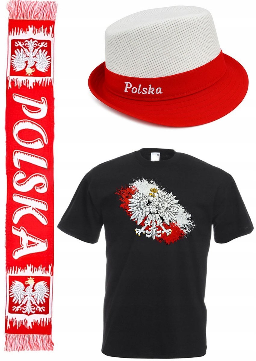 ZESTAW DLA KIBICA POLSKI KOSZULKA +SZALIK + CZAPKA GODŁO FLAGA