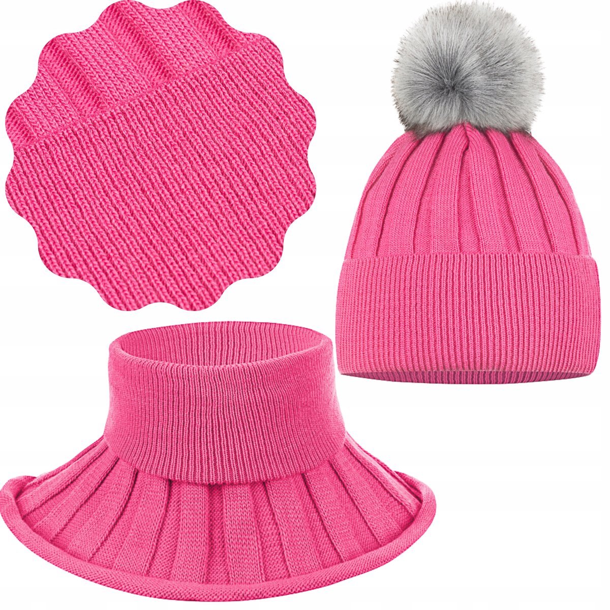 Komplet Dziecięcy Zimowy Ciepły Polar Jesień Czapka Golfik 44/50 Fuksja Róż