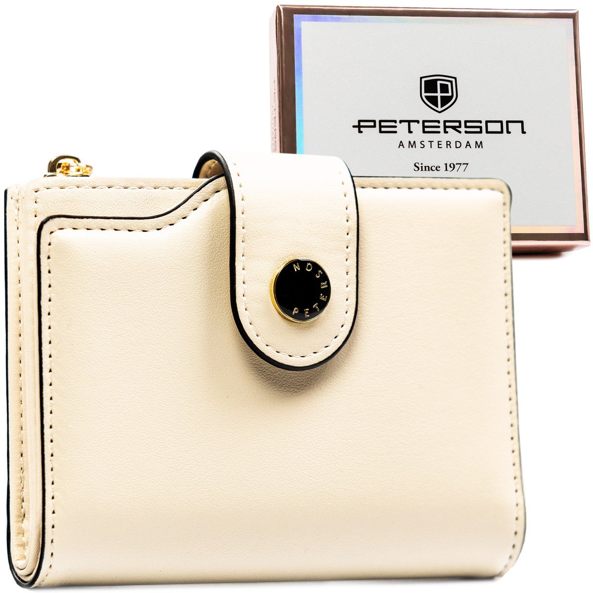 Modny portfel damski PETERSON mały składany na zatrzask i suwak rozbudowany na karty RFID STOP beżowy