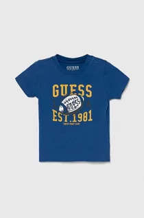 Koszulki dla chłopców - Guess t-shirt niemowlęcy kolor niebieski z nadrukiem - grafika 1