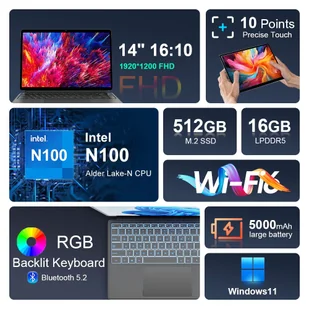 Ninkear T40 2-in-1 Tablet PC, 14'' 1920*1200 IPS Touchscreen, Intel Alder Lake N100 4 Cores 3.4Ghz, 16GB RAM 512GB SSD, WiFi 6 - Laptopy - miniaturka - grafika 10