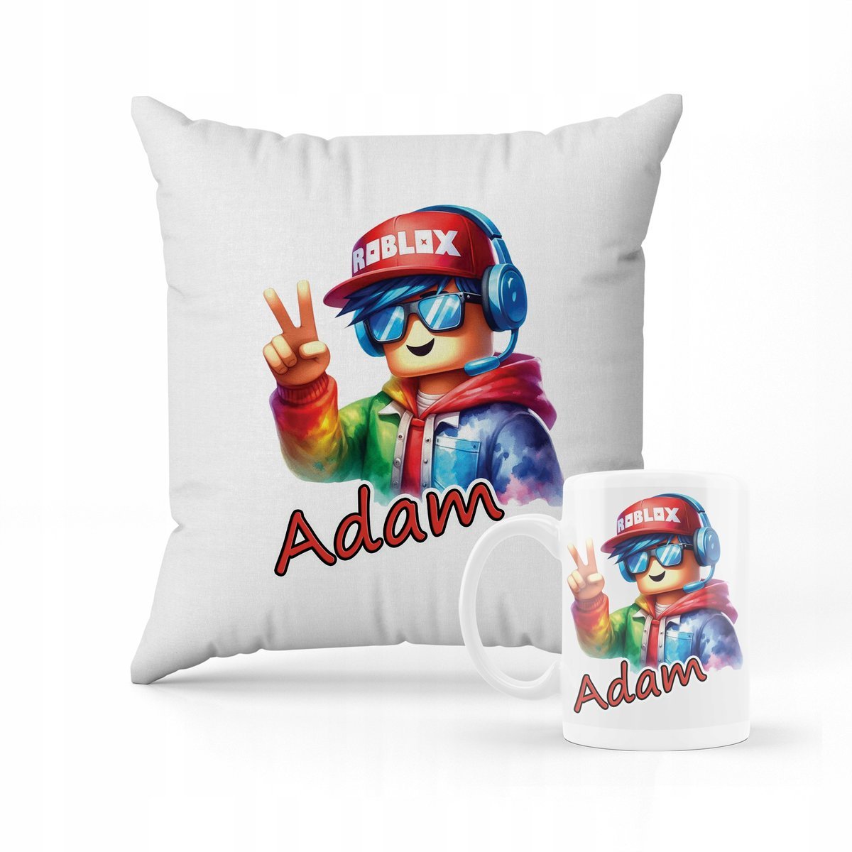 ZESTAW PODUSZKA + KUBEK Prezent ROBLOX GRA MAN FACE MEM + IMIĘ