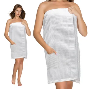 Ręcznik do sauny Damskie Pareo SPA biały waffle S/M z gumką i rzepem - Szlafroki damskie - miniaturka - grafika 1