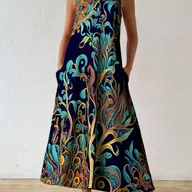 Sukienki - TEMU Sukienka A-Line bez Rękawów z Kieszeniami i Zamkiem - Żywa Turkusowo-Złota na Granatowym Tle, Lekka, Pralna w Pralce Wiosenna/Letnia, Okrągły - miniaturka - grafika 1