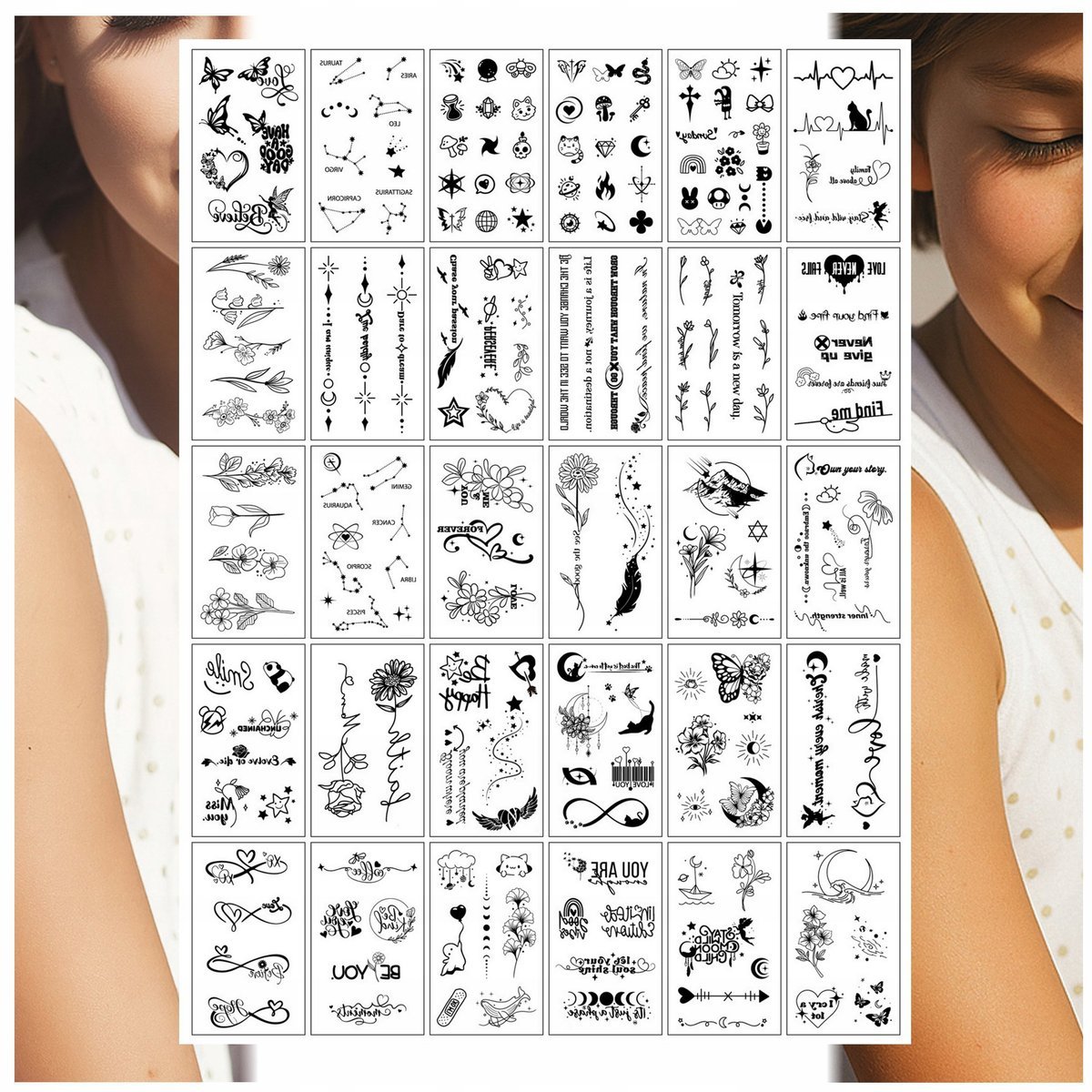 TATUAŻE ZMYWALNE DLA DZIECI GWIAZDY KWIATY SERCA MIX 30 WZORÓW