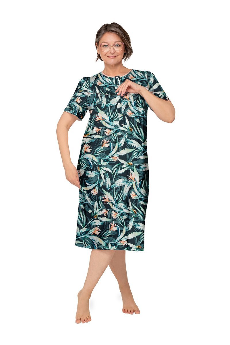 Koszula Nocna Damska L Krótki Rękaw Bawełniana Luźna Rozpinana Liście