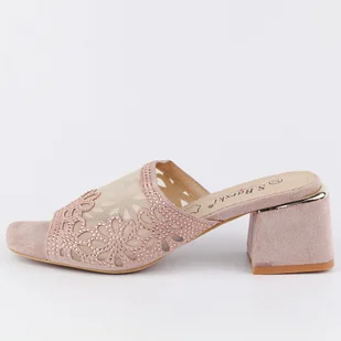 Beżowe klapki damskie na obcasie S.Barski 612-1 - S.BARSKI - Klapki i japonki damskie - miniaturka - grafika 1