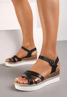 Sandały damskie - Czarne Sandały z Ekoskóry na Koturnie Ozdobionym Plecionką Zapinane na Sprzączkę Obimaria - miniaturka - grafika 1