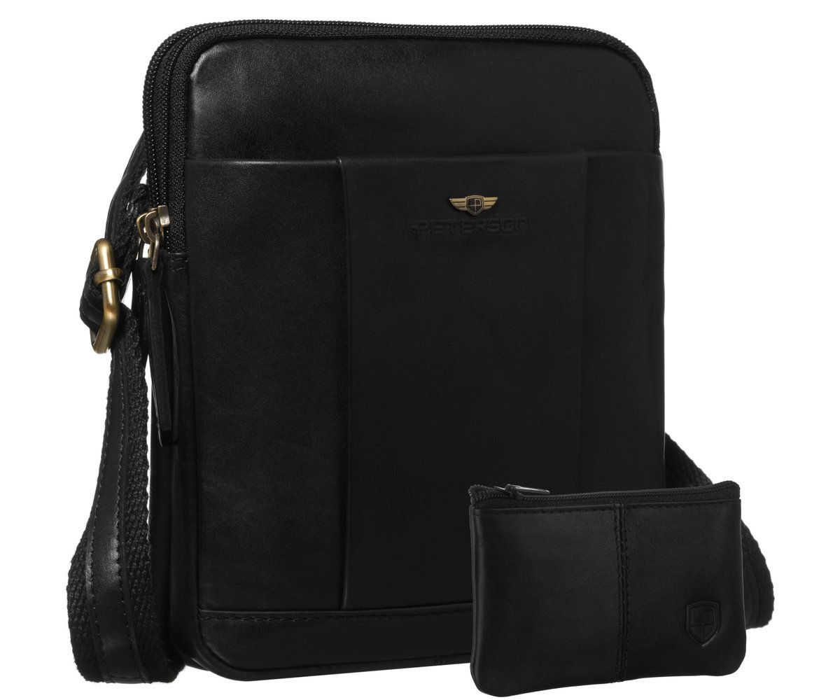 Torebka męska listonoszka skórzana PETERSON elegancka miejska saszetka na ramię mała na suwak kieszonki dokumenty telefon minimalistyczna czarna + e..