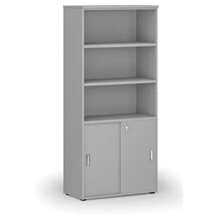 Szafa biurowa kombinowana PRIMO GRAY, drzwi przesuwne na 2 poziomach, 1781 x 800 x 420 mm, szary - Szafy biurowe - miniaturka - grafika 1