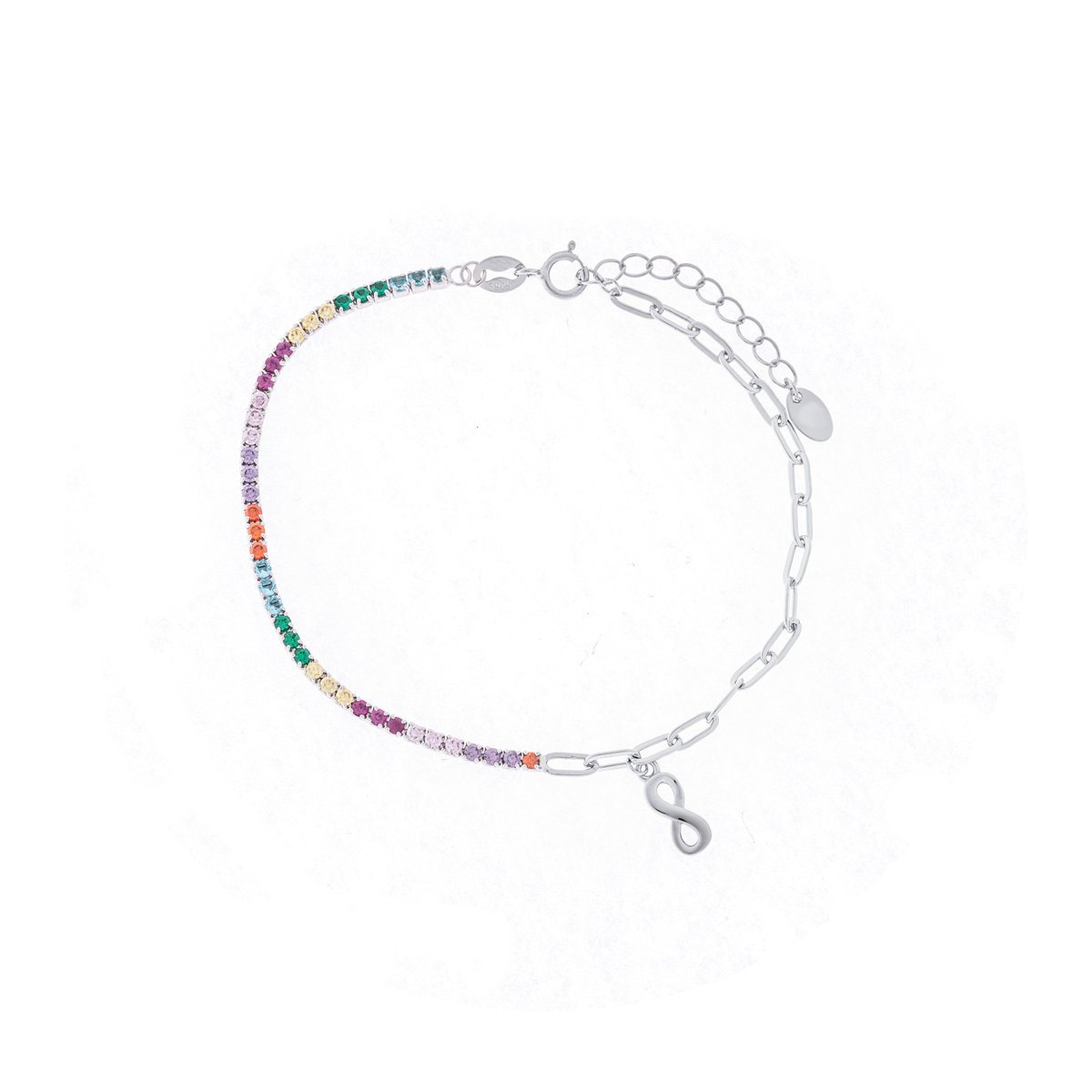 Srebrna bransoletka 925 kolorowe cyrkonie nieskończoność