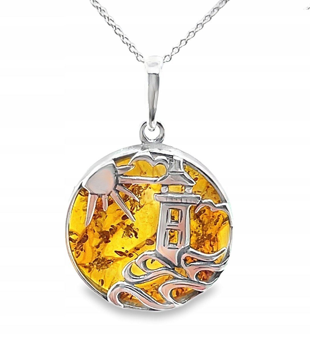 Wisiorek srebrny zawieszka z bursztynem ze srebra latarnia morski