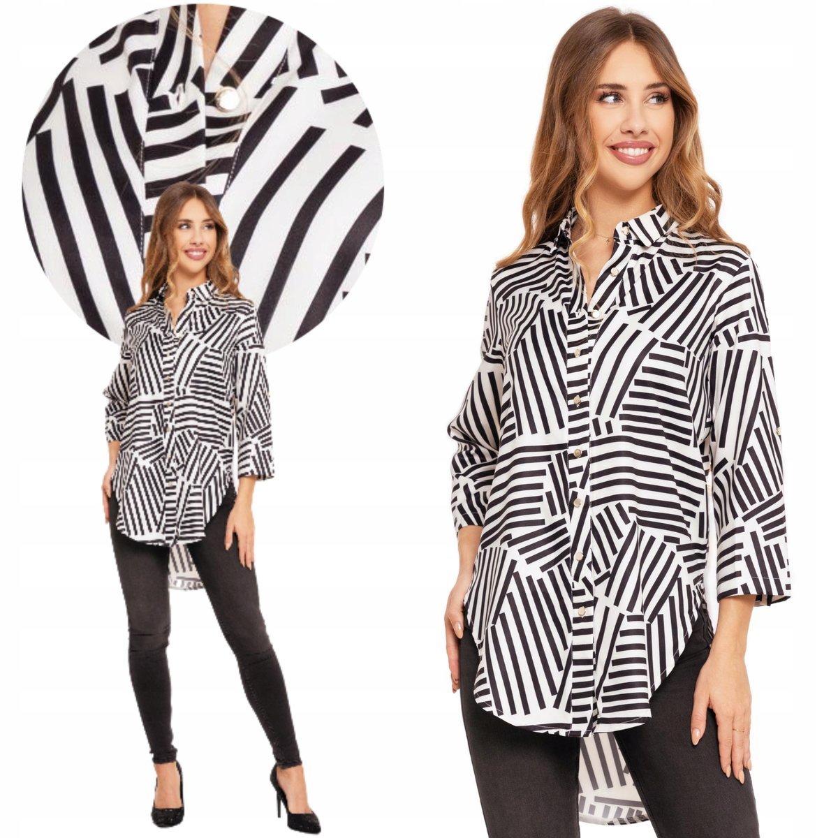 KOSZULA DAMSKA Z RĘKAWEM 3/4 GEOMETRYCZNE WZORY W PASKI ROZPINANA MORAJ M PATT3