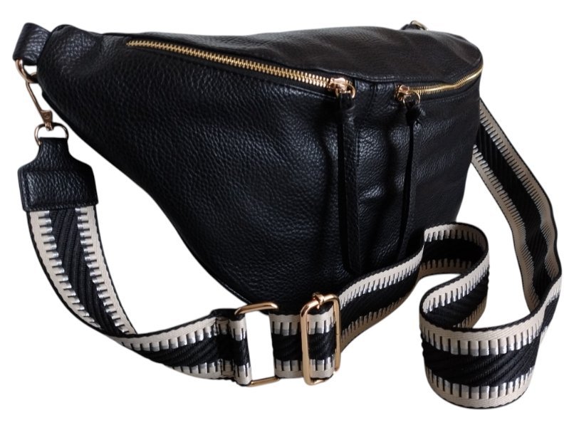 Duża Nerka Damska Na Ramię, Saszetka - Czarna Torebka Na Szerokim Pasku