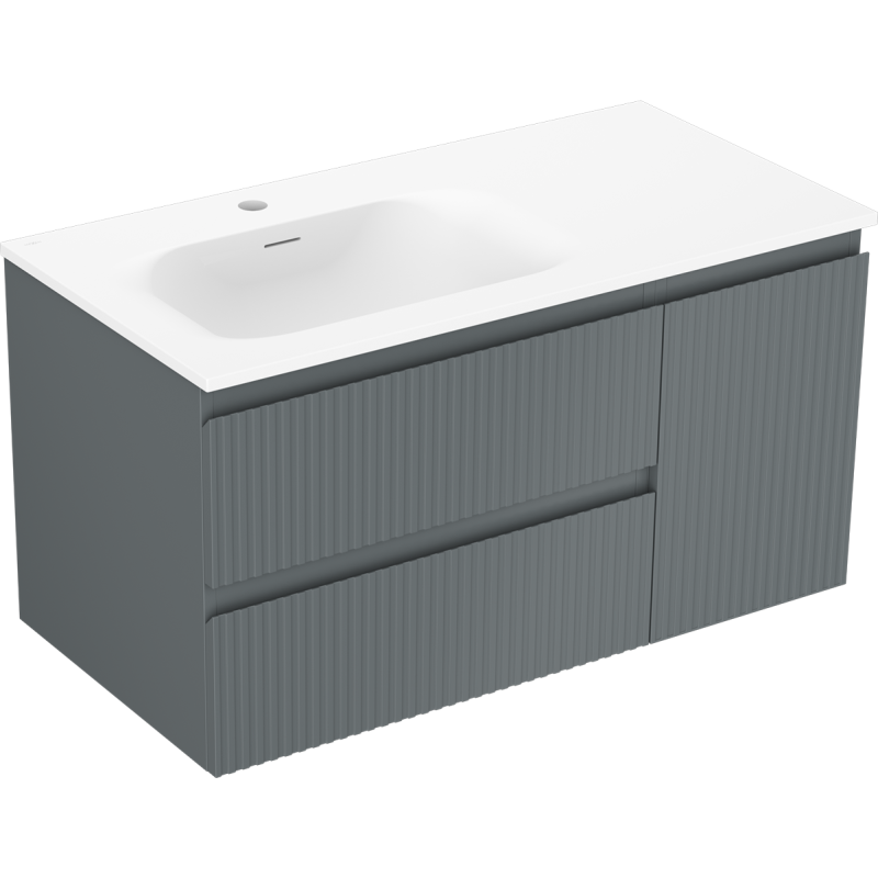 Mexen Rivel szafka łazienkowa 90 cm z umywalką Vela lewą, 2S, 1D, ryflowana, grafit mat/biała mat - 91A23-09047-3-BBFFF66-W23L01