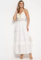 Sukienki - Biało-Beżowa Bawełniana Sukienka Maxi z Chwostami Przy Dekolcie Elella - miniaturka - grafika 1