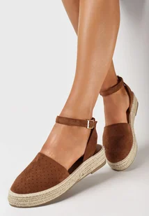 Brązowe Espadryle na Płaskiej Plecionej Podeszwie z Paskiem Wokół Kostki Riolla - Espadryle damskie - miniaturka - grafika 1