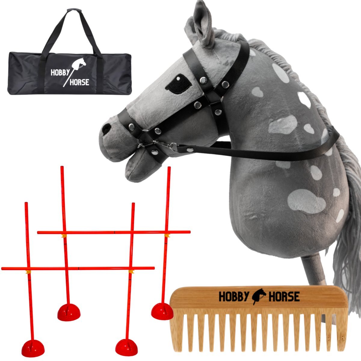 ZESTAW HOBBY HORSE KOŃ NA KIJU A3 + 2X PRZESZKODA DO SKAKANIA 120 CM + GRZEBIEŃ [M-ZESTAW-H7-2]