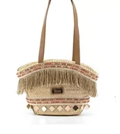 Torebki damskie - Koszyk ręcznie pleciony z rafii Simosastre beżowy średniej wielkości z frędzlami i ozdobami - miniaturka - grafika 1