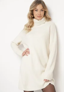 Jasnobeżowa Dzianinowa Sukienka z Prążkowanego Materiału Liannae - Sukienki - miniaturka - grafika 1