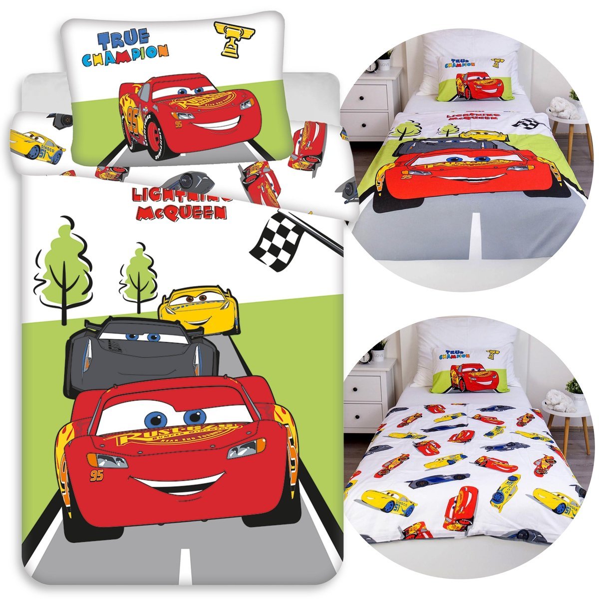 DISNEY Auta Kolorowa, DWUSTRONNA, bawełniana pościel dziecięca na zamek, 100% BAWEŁNA 100x135cm+40x60cm OEKO-TEX