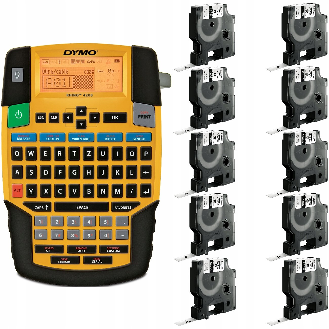 Drukarka etykiet DYMO Rhino 4200 dla elektryka, instalatora, przemysłu s0955990 + 10 taśm DYMO IND 9mm x 1,5m (biała / czarny na