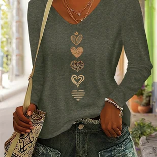 TEMU Bluzka Damska z Długim Rękawem i Dekoltem w Serek – Miękkie Koszulki z Wzorem Serduszek (Złoty/Beżowy/Turkusowy/Brunatny/Czarny/Biały/Szary) – - Bluzki damskie - miniaturka - grafika 1