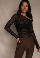 Bluzki damskie - Czarna Bluzka Longsleeve z Koronki z Asymetrycznym Dekoltem Liwedisa - miniaturka - grafika 1