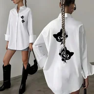 Koszule damskie - TEMU Bluzka Damska Elegancka z Długim Rękawem - Biała Koszula z Czarnym Kotem, Klasyczna Zapinka na Guziki, Wszechsezonowa Bluzka do Biura i na - miniaturka - grafika 1