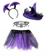 Dodatki do strojów karnawałowych - STRÓJ CZAROWNICA WIEDŹMA OPASKA MASKA NIETOPERZ KAPELUSZ FIOLET TUTU - miniaturka - grafika 1