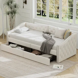 Fortuna Lai sofa rozkładana 90x200cm z 2 szufladami i stelażem listwowym, łóżko tapicerowane lnem sofa rozkładana z podłokietnikami, biała - Sofy i kanapy - miniaturka - grafika 1