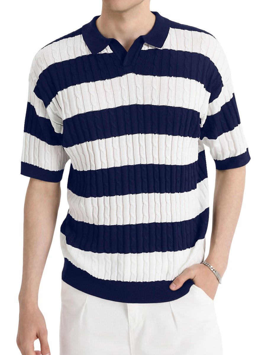 HYPESTFIT Męska Koszulka Polo Krótki Rękaw Elegancka w Paski Granatowa L