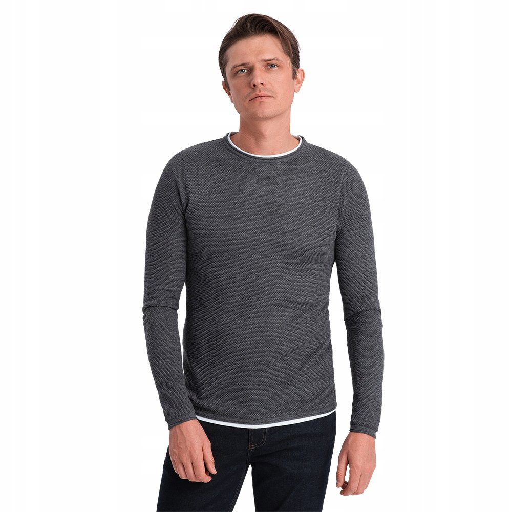 Bawełniany sweter męski z dekoltem granatowy melanż V3 OM-SWSW-0103 XL