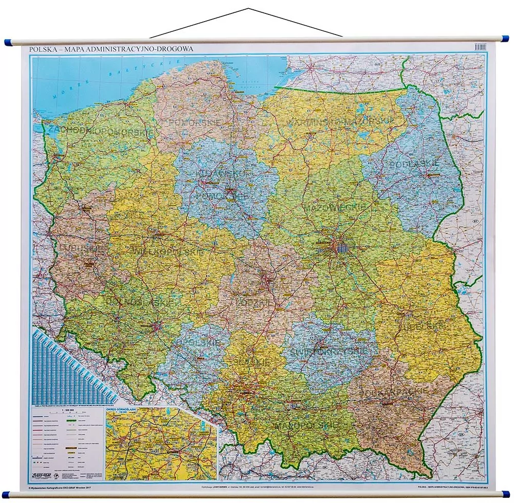 Polska mapa ścienna administracyjno-drogowa z tablicami rejestracyjnymi 1:500 000 EkoGraf