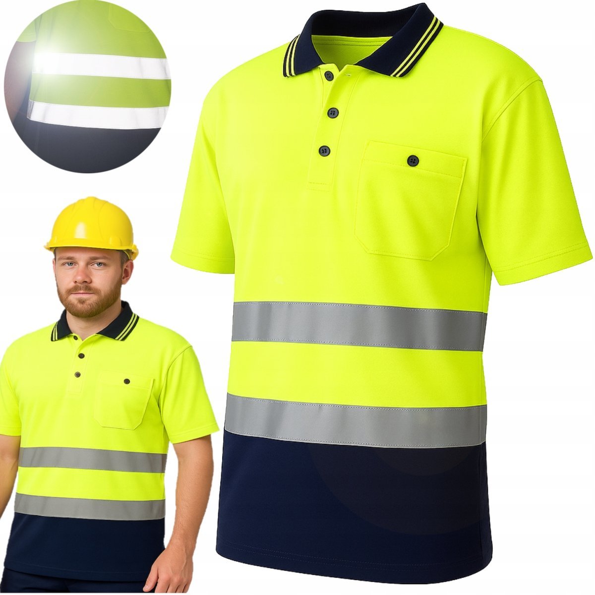 KOSZULKA ROBOCZA MĘSKA OSTRZEGAWCZA ODBLASKOWA POLO ODDYCHAJĄCA BHP r.XL
