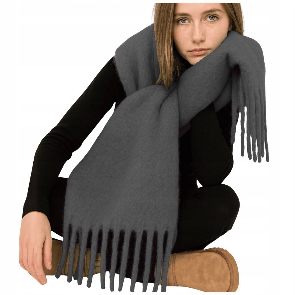 DUŻY CIEPŁY SZAL GRUBY ELEGANCKI MODNY SZALIK DAMSKI ZIMOWY CHUSTA SZARY