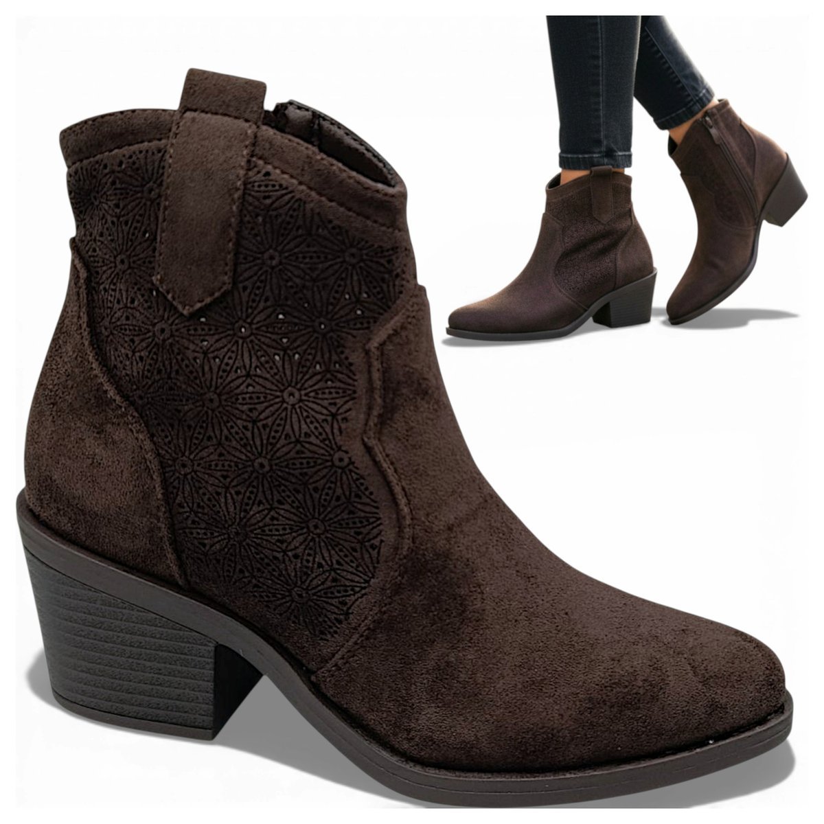 Botki Damskie na Klocku Buty Kowbojki na Wiosnę Czekoladowe Modne Barski 38