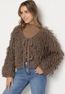 Swetry damskie - Jasnobrązowy Wiązany Kardigan z Dodatkiem Wełny i Wiskozy Zdobiony Frędzlami Tiravea - miniaturka - grafika 1