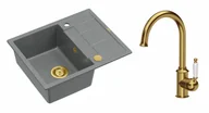 Zlewozmywaki z baterią - Quadron Unique Zlewozmywak granitowy jednokomorowy 62*50*22 cm z ociekaczem MORGAN 116 SILVER STONE z syfonem Push-2-Open w kolorze złotym z baterią RACHEL kolor złoty - miniaturka - grafika 1