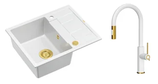 Quadron Unique Zlewozmywak granitowy jednokomorowy 62*50*22 cm z ociekaczem MORGAN 116 SNOW WHITE z syfonem Push-2-Open w kolorze złotym z baterią JENNIFER Q LINE SLIM z wyciąganą wylewką i funkcją prysznica kolor biały mat/złoty - Zlewozmywaki z baterią - miniaturka - grafika 1
