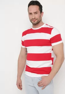 Koszulki męskie - Czerwona Casualowa Koszulka z Krótkim Rękawem z Bawełny w Paski Benneli - grafika 1