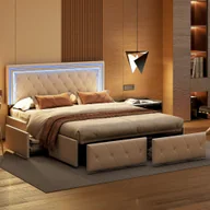 Łóżka - Łóżko tapicerowane Fortuna Lai 140x200cm z LED, regulowanym zagłówkiem i 4 szufladami, funkcjonalne łóżko dwuosobowe z listwową ramą i pokryciem z imitacji skóry, białe - miniaturka - grafika 1