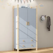 Szafy i szafki dla dzieci - Szafa dziecięca 89,6x44x180,5 cm - 2 szuflady i 2 drzwi - 1 drążek na ubrania - rama sosnowa - niebieski + naturalny - miniaturka - grafika 1